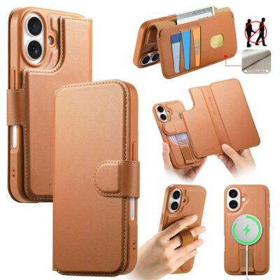 CASENEO For iPhone 16 Plus Magnetic Case RFID Blocking Wallet Detachable Leather Phone Cover with Wristband Brown iPhone 16 Plus by The Case Factory
