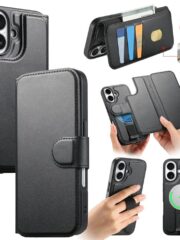 CASENEO For iPhone 16 Plus Magnetic Case RFID Blocking Wallet Detachable Leather Phone Cover with Wristband Black iPhone 16 Plus by The Case Factory
