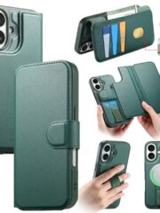 CASENEO For iPhone 16 Plus Magnetic Case RFID Blocking Wallet Detachable Leather Phone Cover with Wristband Green iPhone 16 Plus by The Case Factory