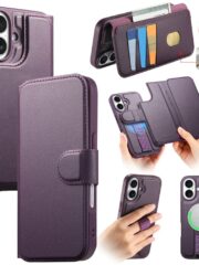 CASENEO For iPhone 16 Plus Magnetic Case RFID Blocking Wallet Detachable Leather Phone Cover with Wristband Purple iPhone 16 Plus by The Case Factory