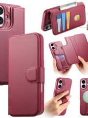 CASENEO For iPhone 16 Plus Magnetic Case RFID Blocking Wallet Detachable Leather Phone Cover with Wristband Red iPhone 16 Plus by The Case Factory