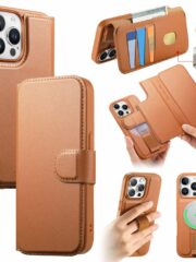 CASENEO For iPhone 15 Pro Max Magnetic Case RFID Blocking Wallet Detachable Leather Phone Cover with Wristband Brown iPhone 15 Pro Max by The Case Factory