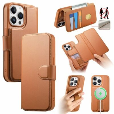 CASENEO For iPhone 15 Pro Max Magnetic Case RFID Blocking Wallet Detachable Leather Phone Cover with Wristband Brown iPhone 15 Pro Max by The Case Factory