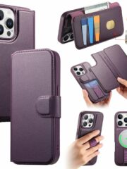 CASENEO For iPhone 15 Pro Max Magnetic Case RFID Blocking Wallet Detachable Leather Phone Cover with Wristband Purple iPhone 15 Pro Max by The Case Factory