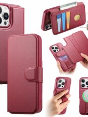 CASENEO For iPhone 15 Pro Max Magnetic Case RFID Blocking Wallet Detachable Leather Phone Cover with Wristband Red iPhone 15 Pro Max by The Case Factory