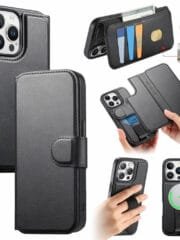 CASENEO For iPhone 15 Pro Magnetic Case RFID Blocking Wallet Detachable Leather Phone Cover with Wristband Black iPhone 15 Pro by The Case Factory