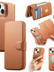 CASENEO For iPhone 15 Magnetic Case RFID Blocking Wallet Detachable Leather Phone Cover with Wristband Brown iPhone 15 by The Case Factory