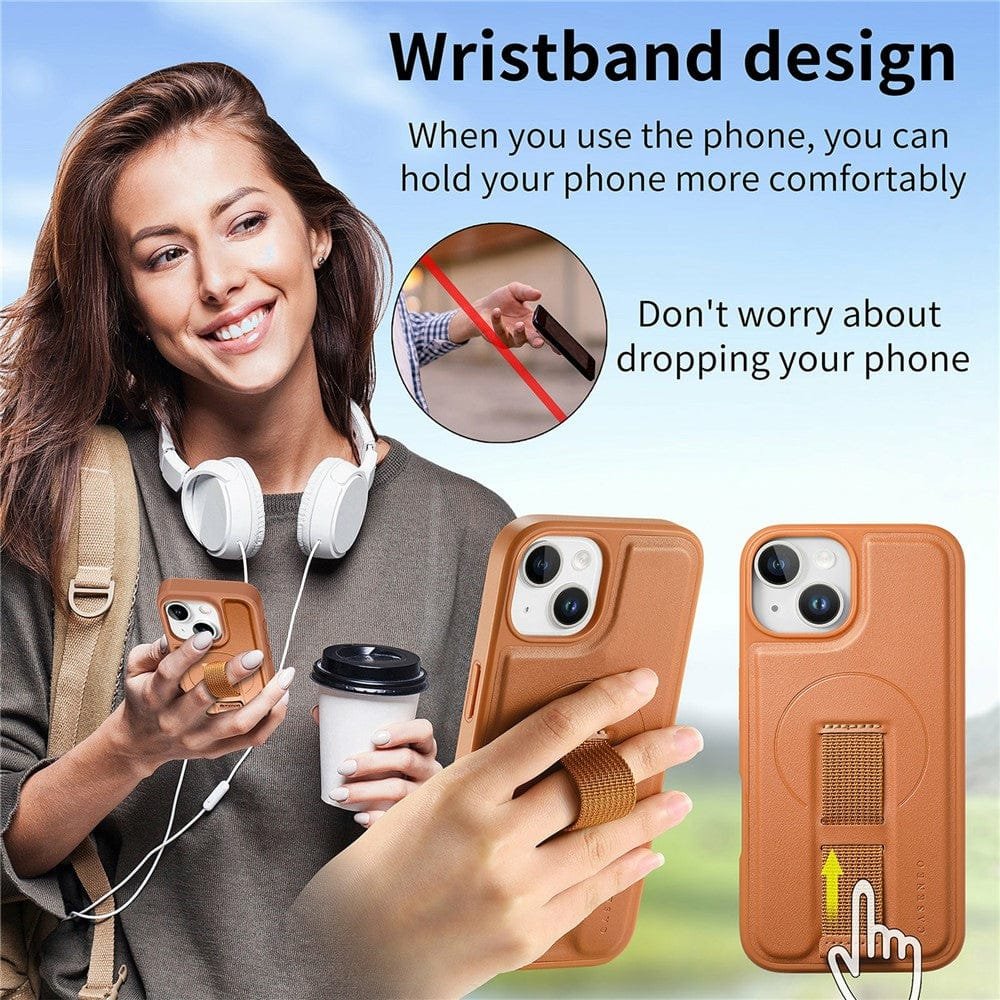CASENEO For iPhone 15 Magnetic Case RFID Blocking Wallet Detachable Leather Phone Cover with Wristband by The Case Factory
