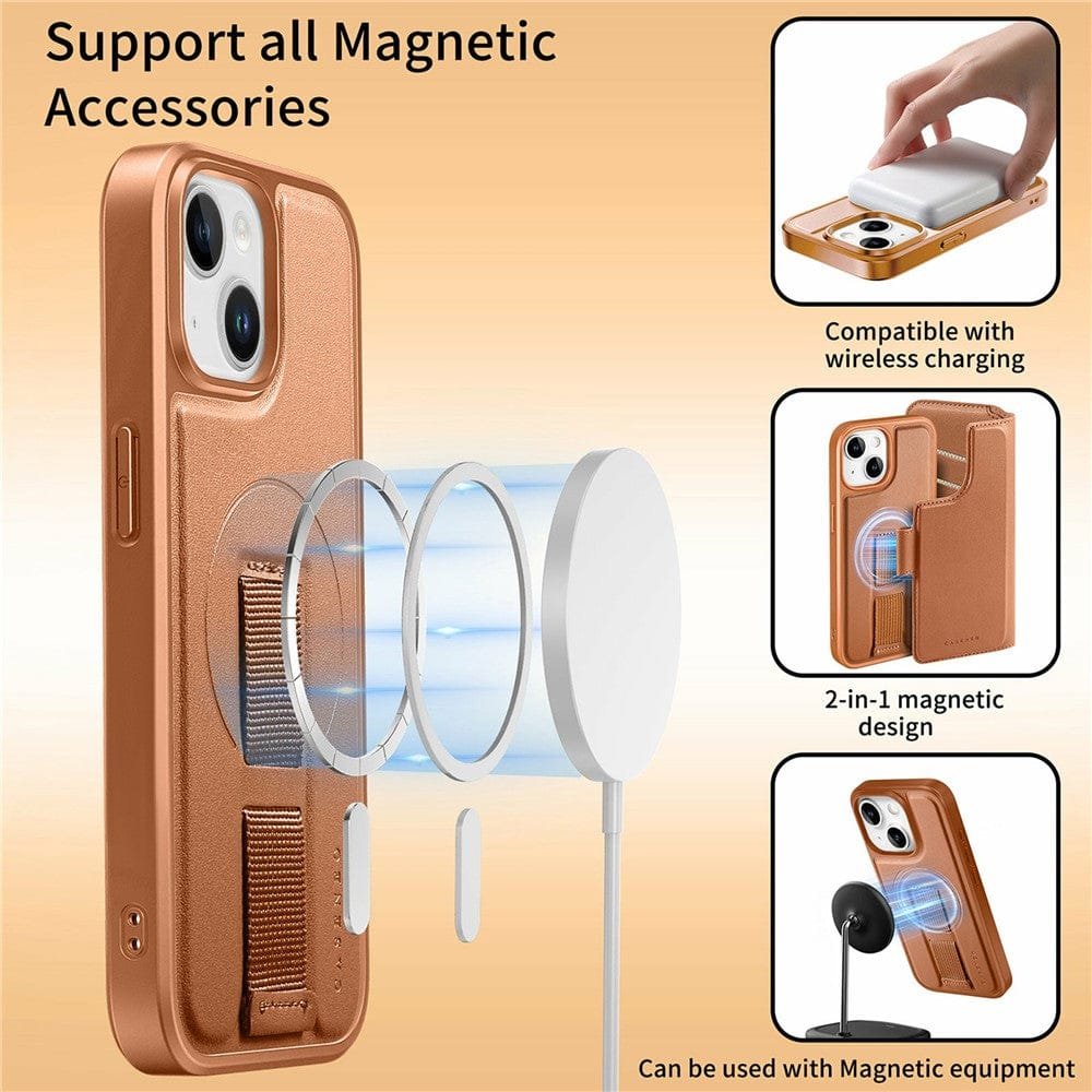 CASENEO For iPhone 15 Magnetic Case RFID Blocking Wallet Detachable Leather Phone Cover with Wristband by The Case Factory