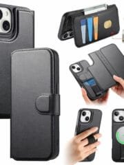 CASENEO For iPhone 15 Magnetic Case RFID Blocking Wallet Detachable Leather Phone Cover with Wristband Black iPhone 15 by The Case Factory