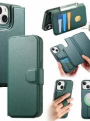 CASENEO For iPhone 15 Magnetic Case RFID Blocking Wallet Detachable Leather Phone Cover with Wristband Green iPhone 15 by The Case Factory