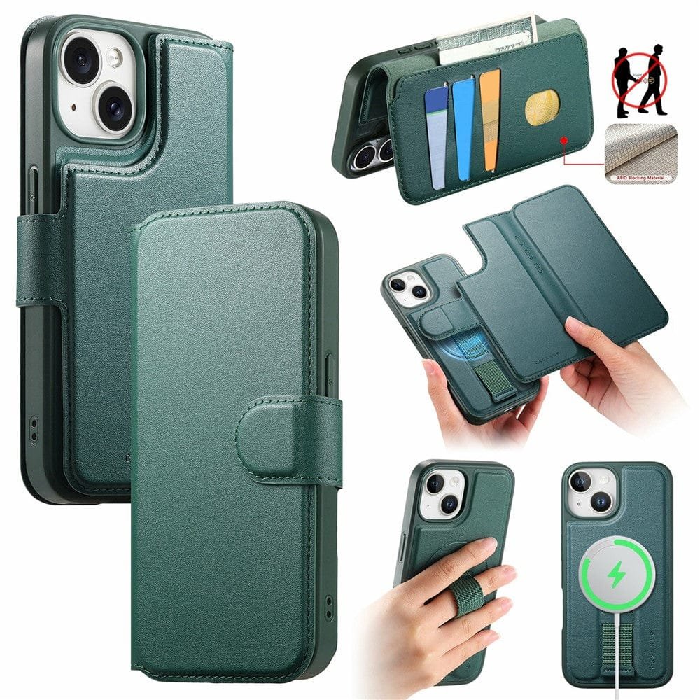 CASENEO For iPhone 15 Magnetic Case RFID Blocking Wallet Detachable Leather Phone Cover with Wristband Green iPhone 15 by The Case Factory