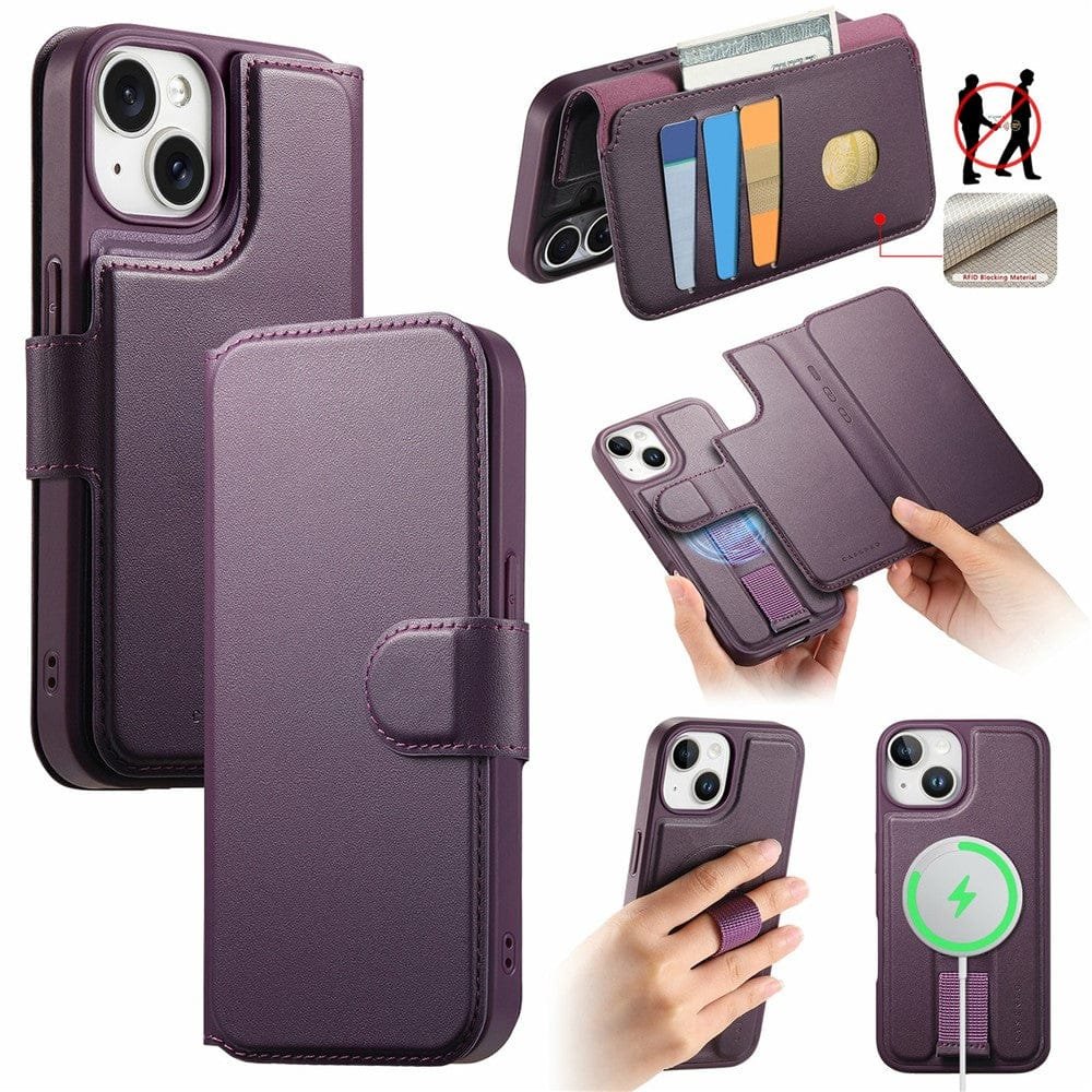 CASENEO For iPhone 15 Magnetic Case RFID Blocking Wallet Detachable Leather Phone Cover with Wristband Purple iPhone 15 by The Case Factory
