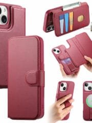 CASENEO For iPhone 15 Magnetic Case RFID Blocking Wallet Detachable Leather Phone Cover with Wristband Red iPhone 15 by The Case Factory