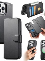 CASENEO For iPhone 14 Pro Max Magnetic Case RFID Blocking Wallet Detachable Leather Phone Cover with Wristband Black iPhone 14 Pro Max by The Case Factory