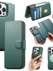 CASENEO For iPhone 14 Pro Max Magnetic Case RFID Blocking Wallet Detachable Leather Phone Cover with Wristband Green iPhone 14 Pro Max by The Case Factory