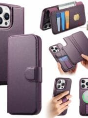 CASENEO For iPhone 14 Pro Magnetic Case RFID Blocking Wallet Detachable Leather Phone Cover with Wristband Purple iPhone 14 Pro by The Case Factory