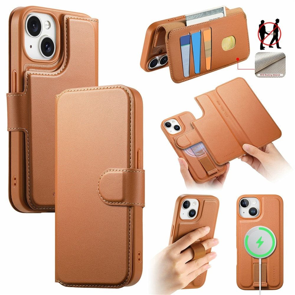 CASENEO For iPhone 14 Magnetic Case RFID Blocking Wallet Detachable Leather Phone Cover with Wristband Brown iPhone 14 by The Case Factory