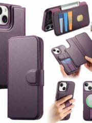 CASENEO For iPhone 14 Magnetic Case RFID Blocking Wallet Detachable Leather Phone Cover with Wristband Purple iPhone 14 by The Case Factory