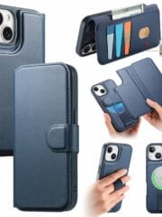 CASENEO For iPhone 14 Magnetic Case RFID Blocking Wallet Detachable Leather Phone Cover with Wristband Blue iPhone 14 by The Case Factory