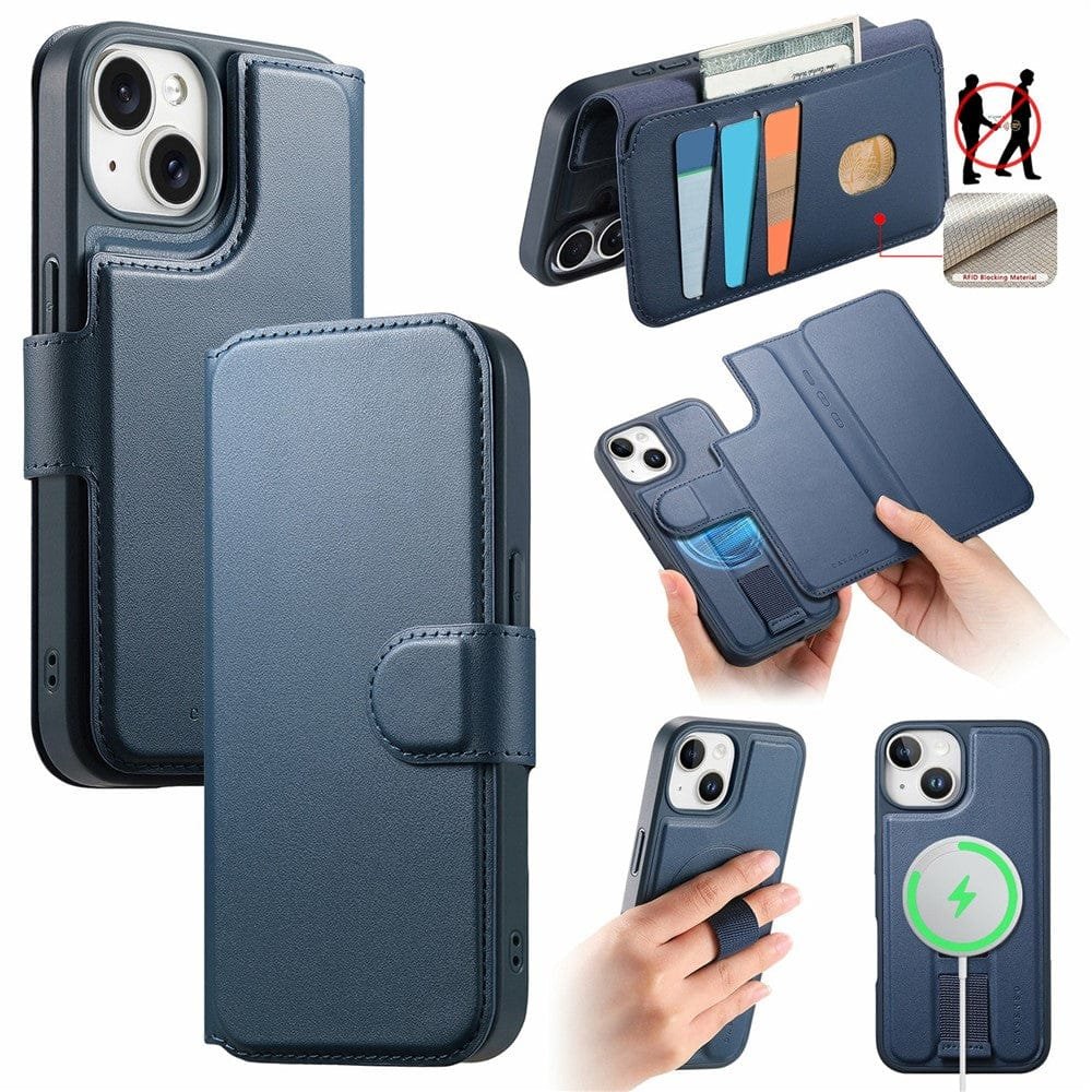 CASENEO For iPhone 14 Magnetic Case RFID Blocking Wallet Detachable Leather Phone Cover with Wristband Blue iPhone 14 by The Case Factory