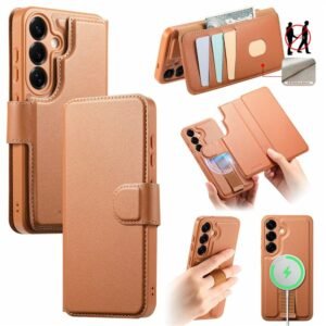 CASENEO For Samsung Galaxy S25+ Magnetic Case RFID Blocking Detachable Wallet Leather Phone Cover with Wristband Brown Samsung Galaxy S25+ by The Case Factory
