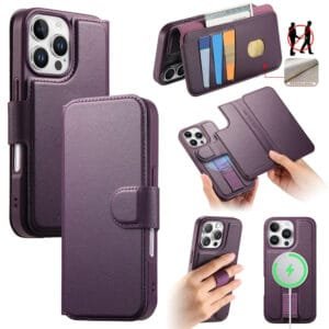 CASENEO For iPhone 16 Pro Magnetic Case RFID Blocking Wallet Detachable Leather Phone Cover with Wristband Purple iPhone 16 Pro by The Case Factory