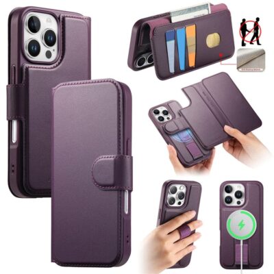 CASENEO For iPhone 16 Pro Magnetic Case RFID Blocking Wallet Detachable Leather Phone Cover with Wristband Purple iPhone 16 Pro by The Case Factory