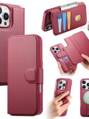 CASENEO For iPhone 16 Pro Magnetic Case RFID Blocking Wallet Detachable Leather Phone Cover with Wristband Red iPhone 16 Pro by The Case Factory