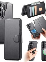 CASENEO For Samsung Galaxy S25 Magnetic Case RFID Blocking Detachable Wallet Leather Phone Cover with Wristband Black Samsung Galaxy S25 by The Case Factory