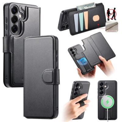 CASENEO For Samsung Galaxy S25 Magnetic Case RFID Blocking Detachable Wallet Leather Phone Cover with Wristband Black Samsung Galaxy S25 by The Case Factory