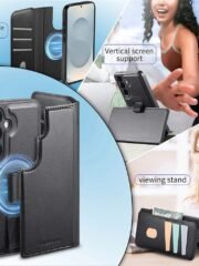 CASENEO For Samsung Galaxy S25 Magnetic Case RFID Blocking Detachable Wallet Leather Phone Cover with Wristband by The Case Factory