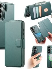 CASENEO For Samsung Galaxy S25 Magnetic Case RFID Blocking Detachable Wallet Leather Phone Cover with Wristband Green Samsung Galaxy S25 by The Case Factory