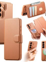 CASENEO For Samsung Galaxy S25 Magnetic Case RFID Blocking Detachable Wallet Leather Phone Cover with Wristband Brown Samsung Galaxy S25 by The Case Factory