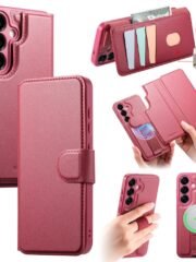 CASENEO For Samsung Galaxy S25 Magnetic Case RFID Blocking Detachable Wallet Leather Phone Cover with Wristband Red Samsung Galaxy S25 by The Case Factory