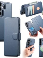 CASENEO For Samsung Galaxy S25 Magnetic Case RFID Blocking Detachable Wallet Leather Phone Cover with Wristband Blue Samsung Galaxy S25 by The Case Factory