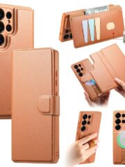 CASENEO For Samsung Galaxy S25 Ultra Magnetic Case Detachable RFID Blocking Wallet Leather Phone Cover with Wristband Brown Samsung Galaxy S25 Ultra by The Case Factory
