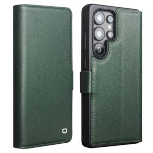 QIALINO For Samsung Galaxy S25 Ultra Wallet Case Genuine Leather Magnetic Closure Flip Phone Cover Green Samsung Galaxy S25 Ultra by The Case Factory