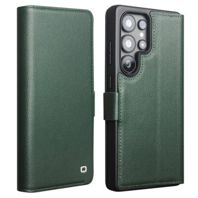 QIALINO For Samsung Galaxy S25 Ultra Wallet Case Genuine Leather Magnetic Closure Flip Phone Cover Green Samsung Galaxy S25 Ultra by The Case Factory