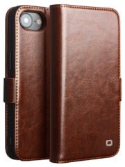 QIALINO For iPhone 16e Wallet Case Genuine Cow Leather Flip Cover Magnetic Clasp Full Protection Brown iPhone 16e by The Case Factory