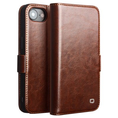 QIALINO For iPhone 16e Wallet Case Genuine Cow Leather Flip Cover Magnetic Clasp Full Protection Brown iPhone 16e by The Case Factory