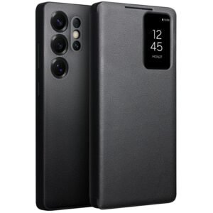 QIALINO For Samsung Galaxy S25 Ultra Case Smart View Window Genuine Cowhide Leather Flip Cover with Card Holder Black Samsung Galaxy S25 Ultra by The Case Factory