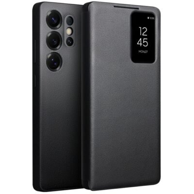 QIALINO For Samsung Galaxy S25 Ultra Case Smart View Window Genuine Cowhide Leather Flip Cover with Card Holder Black Samsung Galaxy S25 Ultra by The Case Factory