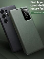 QIALINO For Samsung Galaxy S25 Ultra Case Smart View Window Genuine Cowhide Leather Flip Cover with Card Holder by The Case Factory