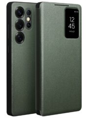 QIALINO For Samsung Galaxy S25 Ultra Case Smart View Window Genuine Cowhide Leather Flip Cover with Card Holder Green Samsung Galaxy S25 Ultra by The Case Factory