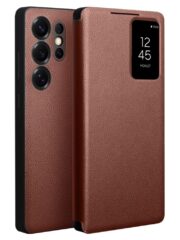 QIALINO For Samsung Galaxy S25 Ultra Case Smart View Window Genuine Cowhide Leather Flip Cover with Card Holder Brown Samsung Galaxy S25 Ultra by The Case Factory