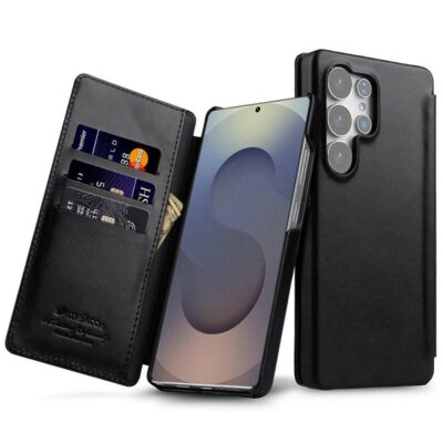 MELKCO For Samsung Galaxy S25 Ultra Case Premium Waxy Genuine Leather Flip Phone Cover With Card Slots Black Samsung Galaxy S25 Ultra by The Case Factory
