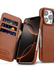 MELKCO For iPhone 16 Pro Case with Card Slots Genuine Cow Leather Phone Cover | Compatible with MagSafe Brown iPhone 16 Pro by The Case Factory