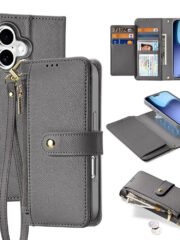 DUX DUCIS Lawa Series For iPhone 17 Case Detachable Zipper Wallet Magnetic Cowhide Leather Cover Grey iPhone 17 by The Case Factory