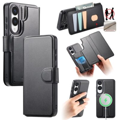 CASENEO For Samsung Galaxy S25 Edge Magnetic Case RFID Blocking Detachable Wallet Leather Phone Cover with Wristband Black Samsung Galaxy S25 Edge by The Case Factory